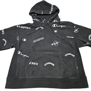 Champion Reverse Weave Hoodie Sz XL Black All Over Print Logo Streetwear‎ AOP